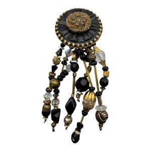 Vintage Artisan Dangle Brooch Black Gold Beaded Fringe Signed Statement